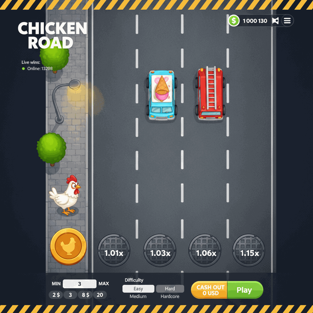 Chicken Road Crash-Spiel: Eine weiße Cartoon-Henne steht am linken Straßenrand einer mehrspurigen Asphaltstraße mit weißen Fahrbahnmarkierungen. Auf jeder Spur befindet sich ein runder Kanaldeckel mit Multiplikator-Werten. Im Hintergrund städtische Elemente wie Bäume und Straßenlaternen. Das Spiel zeigt eine Vogelperspektive der Straßenkreuzung.