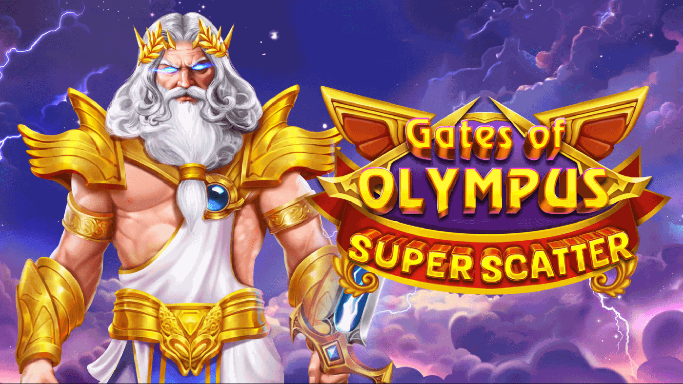 Zeus thront über Wolken im Gates of Olympus Super Scatter Anzeigepanel, umgeben von violetten Kristallen, blauen Diamanten, roten Kronkugeln und goldenen 5X/50X-Münzen auf rosa-violettem Himmel